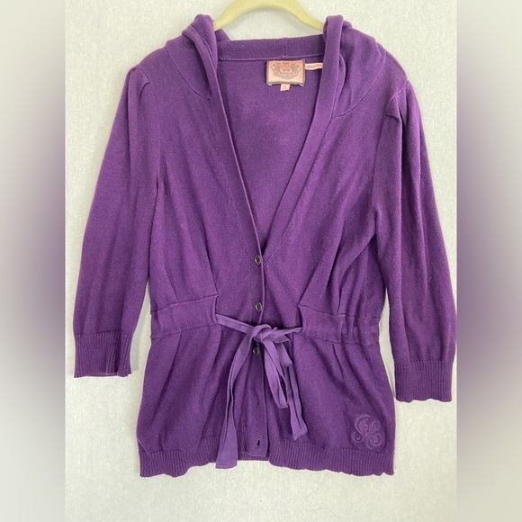 Juicy Couture cashmere purple cotton hooded button 3/4 sleeve cardigan Sz S - Picture 3 of 12
